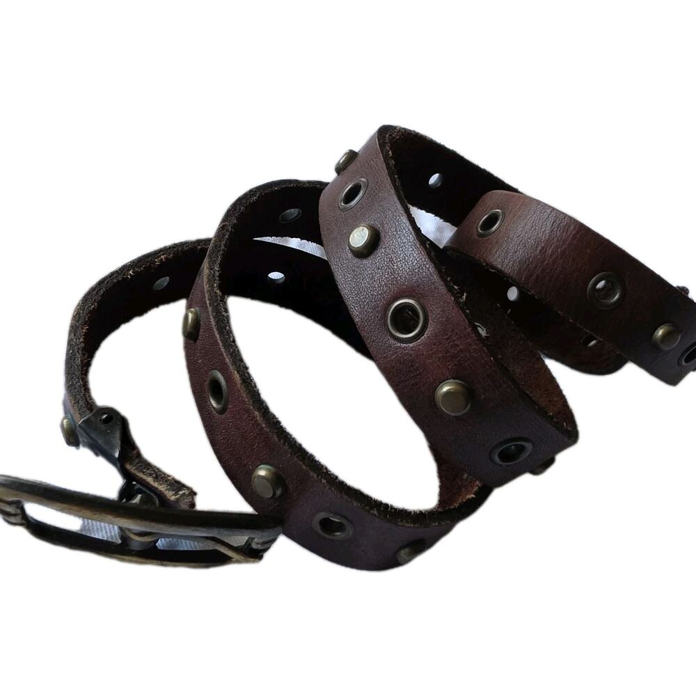 Belt Skinny Leather Studded Grommet Womens Size M . 5 Inch Brass Brown